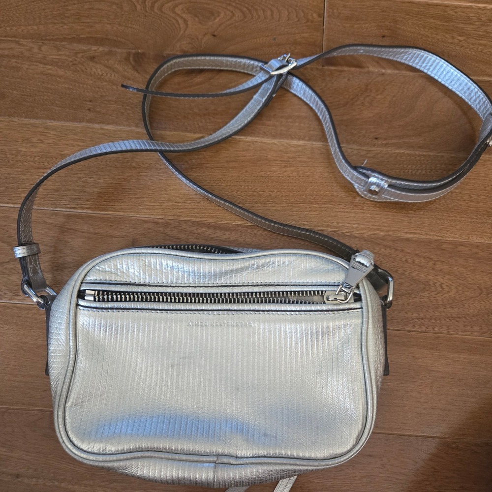 Aimee Kestenberg Silver Metallic Ribbed Leather Crossbody Camera Bag Womens